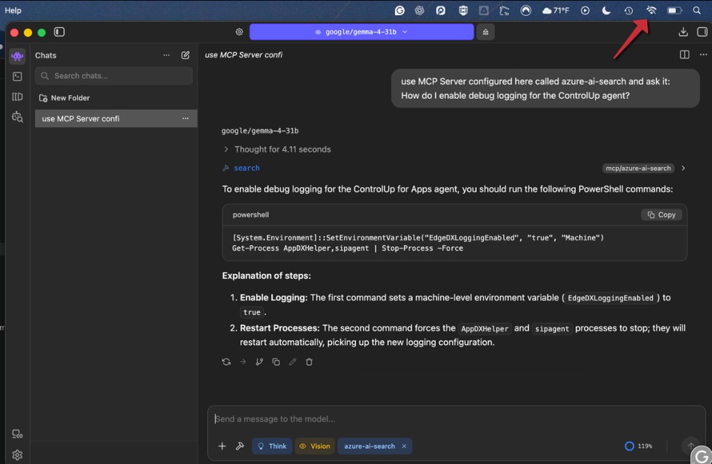 LM Studio answering a ControlUp debug-logging question with Wi-Fi disabled in the macOS menu bar, proving the full retrieval and generation pipeline runs locally with no internet connection