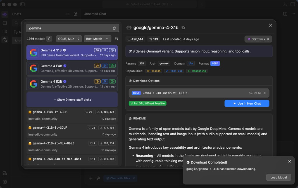 LM Studio model browser downloading google/gemma-4-31b with Tool Use, Vision and Reasoning badges visible