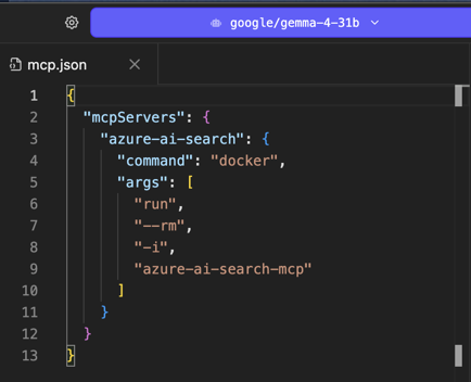 LM Studio mcp.json configured with a single azure-ai-search server that runs the Docker image over stdio