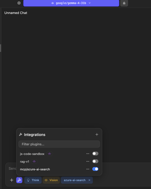 LM Studio Integrations panel with the mcp/azure-ai-search toggle enabled
